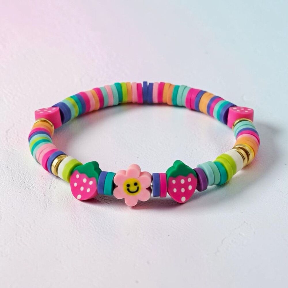 Multicolor Heishi Beaded Stretch Bracelet Strawberry & Flower Charms Stackable